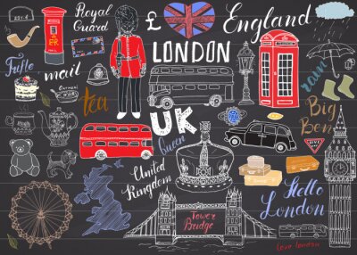 Behang De stad van Londen doodles elementen collectie. Hand getrokken set met, de Tower Bridge, de kroon, de big ben, koninklijke wacht, rode bus, UK kaart en vlag, theepot, belettering, vector illustratie o