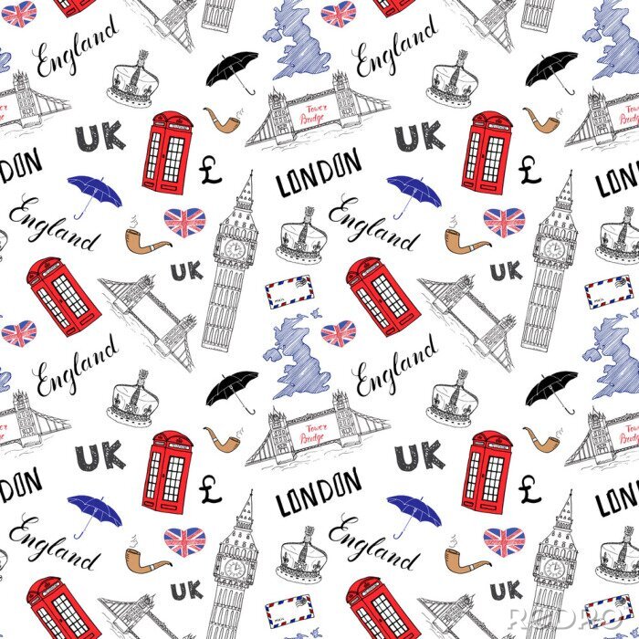 Behang De stad van Londen doodles elementen naadloos patroon. met de hand getekende toren brug, kroon, de big ben, rode bus, Britse vlag, en belettering, vector illustratie geïsoleerde