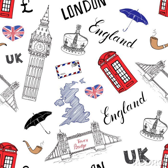Behang De stad van Londen doodles elementen naadloos patroon. met de hand getekende toren brug, kroon, de big ben, rode bus, Britse vlag, en belettering, vector illustratie geïsoleerde