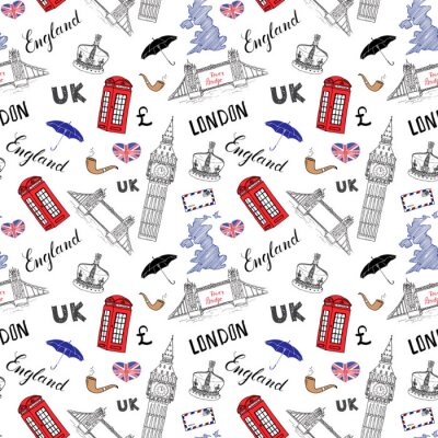 Behang De stad van Londen doodles elementen naadloos patroon. met de hand getekende toren brug, kroon, de big ben, rode bus, Britse vlag, en belettering, vector illustratie geïsoleerde