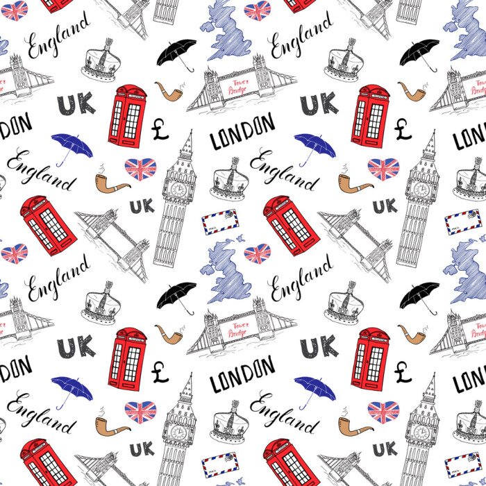 Behang De stad van Londen doodles elementen naadloos patroon. met de hand getekende toren brug, kroon, de big ben, rode bus, Britse vlag, en belettering, vector illustratie geïsoleerde