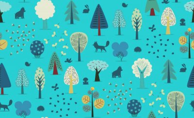 De vector geïllustreerde naadloze patroon van de flat bos elementen - diverse bomen, wilde dieren en zaden.