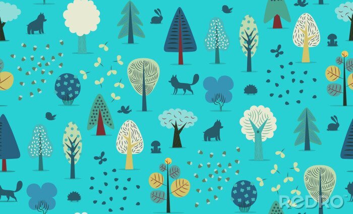 Behang De vector geïllustreerde naadloze patroon van de flat bos elementen - diverse bomen, wilde dieren en zaden.