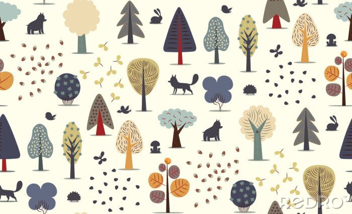 Behang De vector geïllustreerde naadloze patroon van de flat bos elementen - diverse bomen, wilde dieren en zaden.