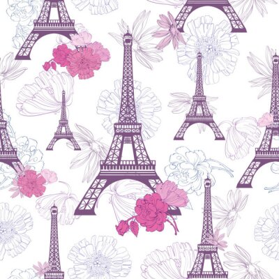Behang De vector Purpere Roze Eifel-Toren Parijs en Rozen bloeit Naadloos herhaalt Patroon. Perfect voor ansichtkaarten met reisthema, wenskaarten, huwelijksuitnodigingen.