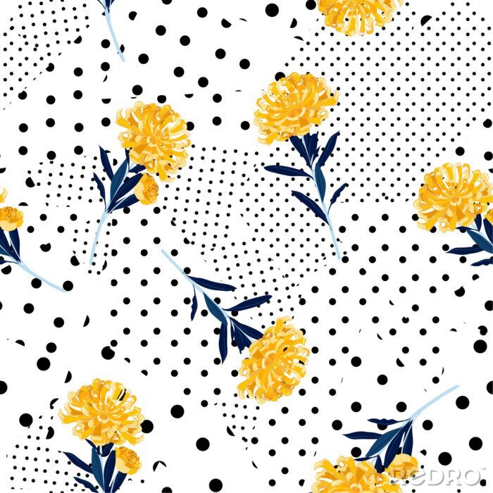 Behang De zwart-witte mengeling van het Stippenpatroon in verschillende grootte van cirkel bovenop met heldere naadloze het patroonvector van de zomer oosterse bloeiende gele bloemen