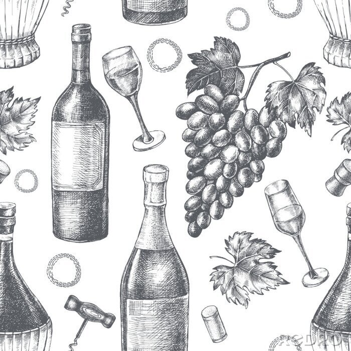 Behang Decoratief naadloos patroon met wijnflessen, wijnglazen, een tros druiven. Inkt hand getrokken vectorillustratie. Samenstelling van drankelementen voor menuontwerp.