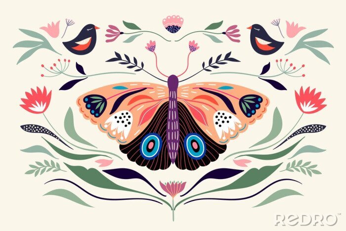 Behang Decorative poster/banner/composition with floral elements, butterfly,different flowers and plants