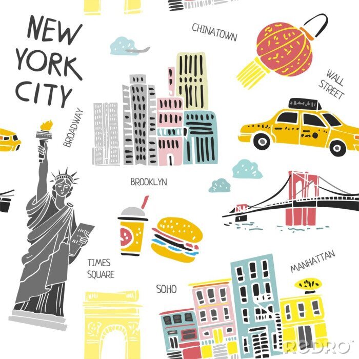 Behang Decorative seamless pattern with new York symbols isolated on white. Background with architecture, names of attractions in the city of America for tourism, printing on Souvenirs. Vector illustration.