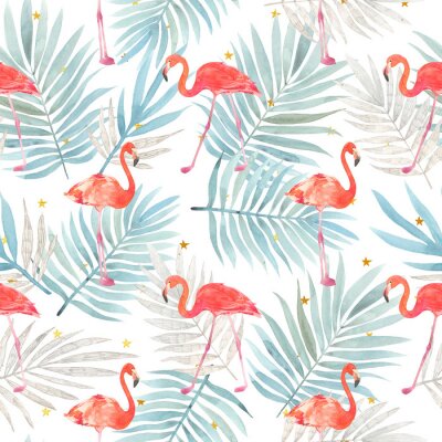 Behang Dessin in staande flamingo en palmbladeren