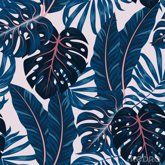 Behang Diepblauwe tropische bladeren