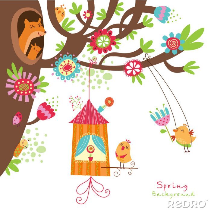 Behang Dierlijke bewoners van een kleurrijke illustratie van een boomsprookje