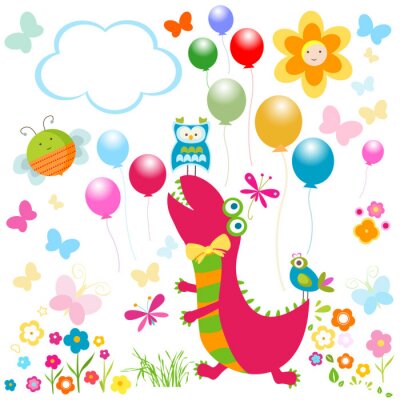 Dinosaurus in een regenboog-vrolijke omgeving