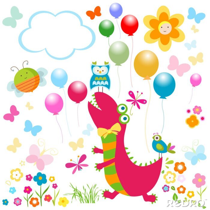 Behang Dinosaurus in een regenboog-vrolijke omgeving