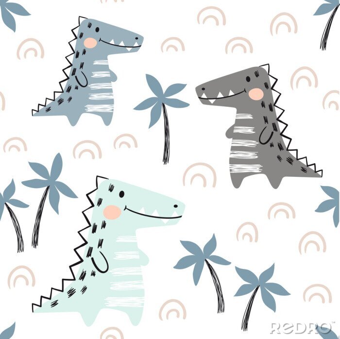 Behang Dinosaurussen en palmbomen voor kinderen in scandinavische stijl