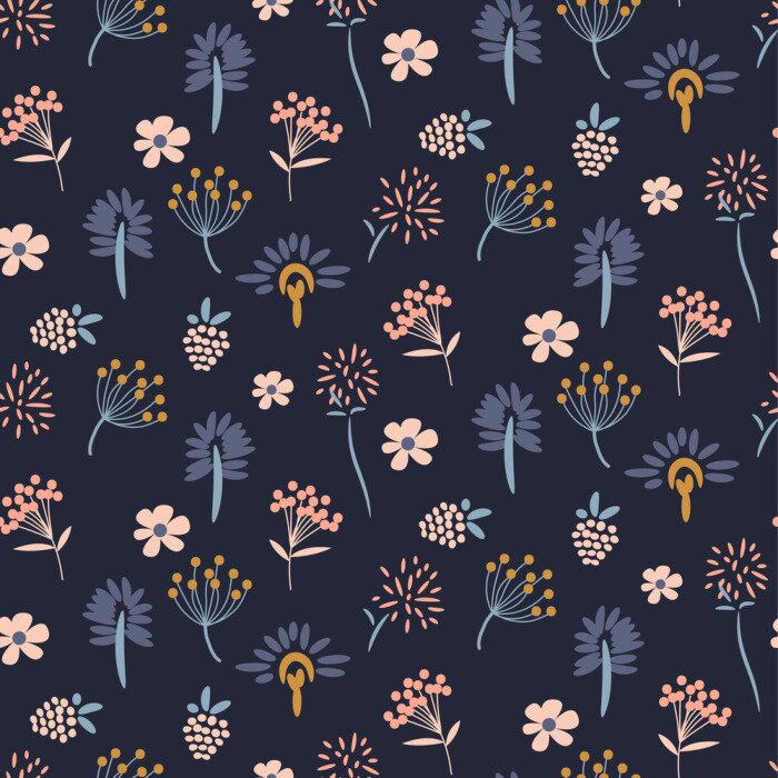 Behang Diverse bloemen op donkerblauwe grafische achtergrond