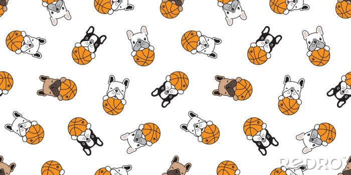 Behang dog seamless pattern french bulldog vector basketball sport ball scarf isolated repeat wallpaper tile background doodle illustration