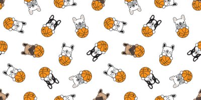 Behang dog seamless pattern french bulldog vector basketball sport ball scarf isolated repeat wallpaper tile background doodle illustration