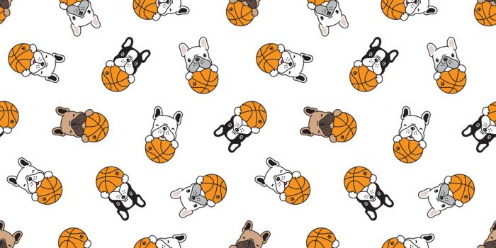 Behang dog seamless pattern french bulldog vector basketball sport ball scarf isolated repeat wallpaper tile background doodle illustration