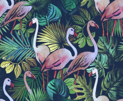 Donker patroon met flamingo's en planten