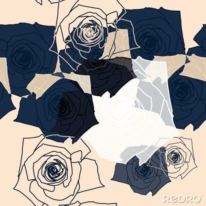 Behang Donkerblauw-beige rozen moderne graphic