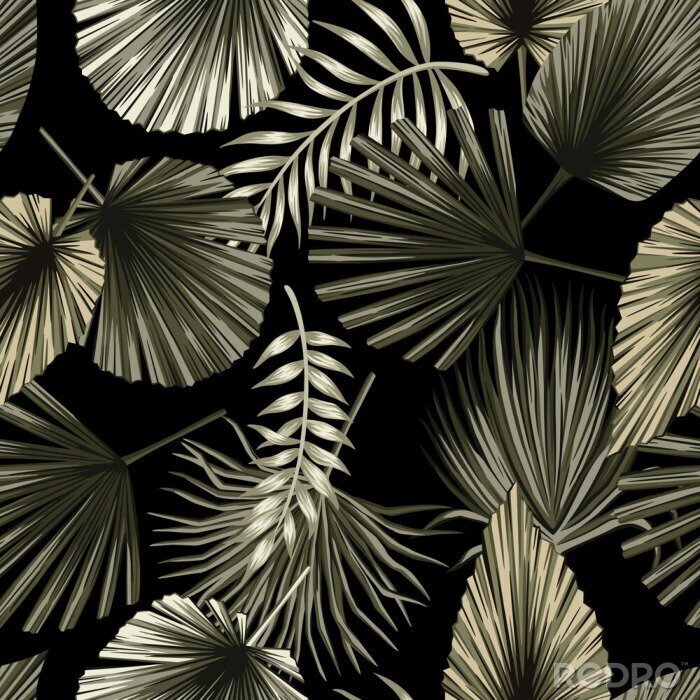 Behang Donkergroene tropische bladeren op een zwarte achtergrond