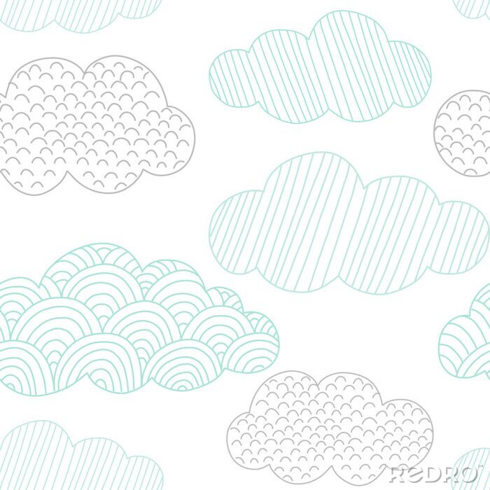 Behang Doodle clouds vector seamless pattern. Hand drawn graphic tileable background. 