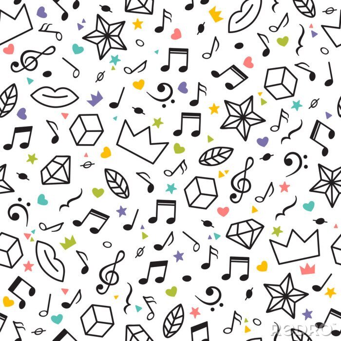Behang Doodle naadloze patroon met muziek notities, harten, sterren en andere geometrische elementen. Muziek thema. Moderne hand getrokken achtergrond