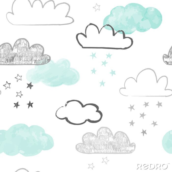 Behang Doodle wolken patroon. Hand getrokken vector naadloze achtergrond met wolken en sterren in grijs en blauwgroen. Druk in Scandinavische stijl.
