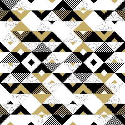 Driehoek geometrische abstracte gouden naadloze patroon. Vector achtergrond van zwart, wit en goud driehoekig patroon of vierkante swatch ornament textuur of mozaïek ontwerp achtergrond tegel sjabloon