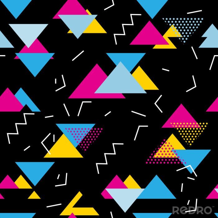 Behang Driehoeken en kleurrijke zigzaglijnen op een zwarte achtergrond