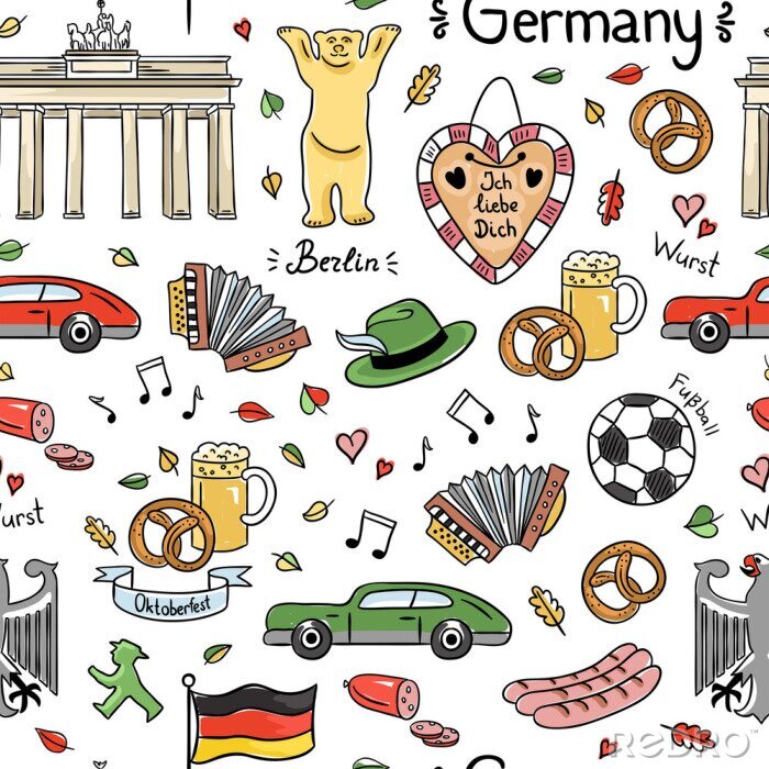 Behang Duitsland symbolen vector naadloos patroon. Achtergrond met leuke hand getekende Duitsland elementen
