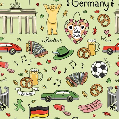 Behang Duitsland symbolen vector naadloos patroon. Kleur achtergrond met leuke hand getekende Duitsland elementen