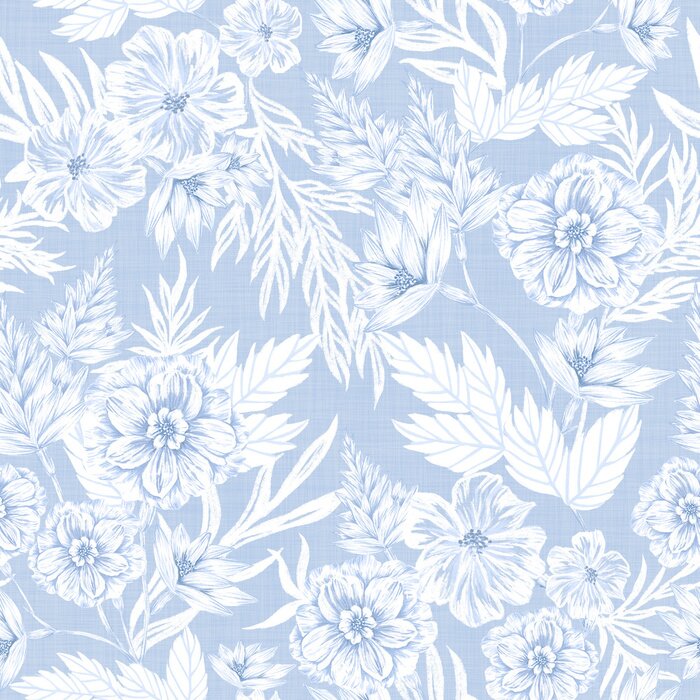 Behang Een blauwe tuin met verschillende soorten bloemen