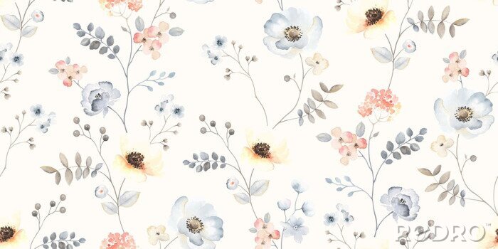 Behang Een delicaat patroon met blauwe klaprozen