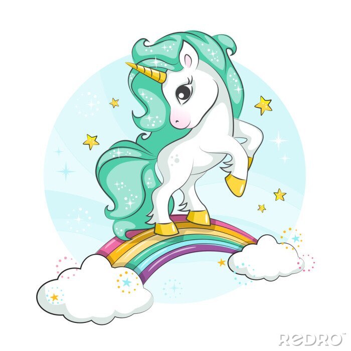 Behang Een eenhoorn met groene manen op een regenboog met wolken