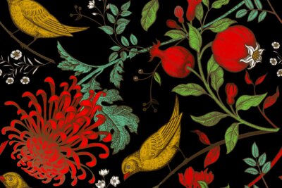 Behang Een helder motief met vogels op een zwarte achtergrond