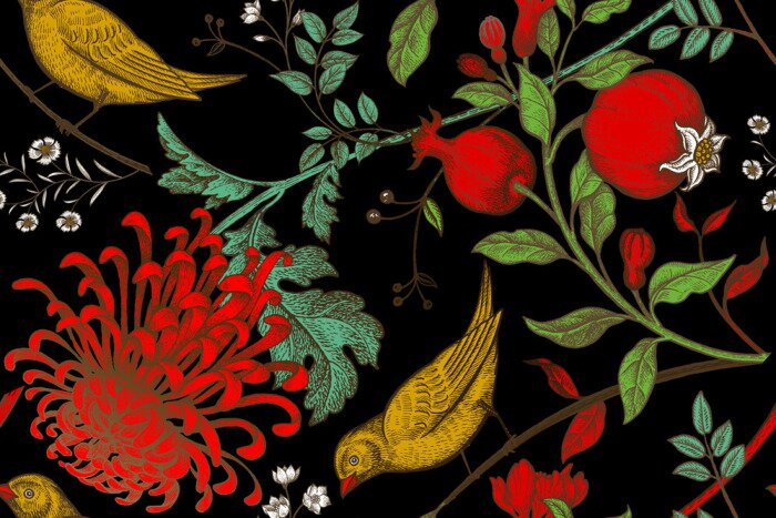 Behang Een helder motief met vogels op een zwarte achtergrond