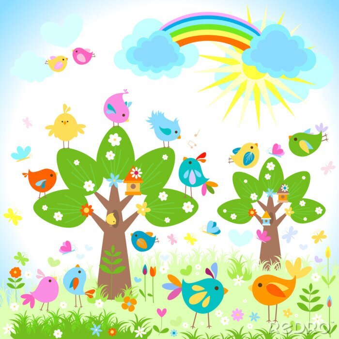 Behang Een kleurrijk land met vogels