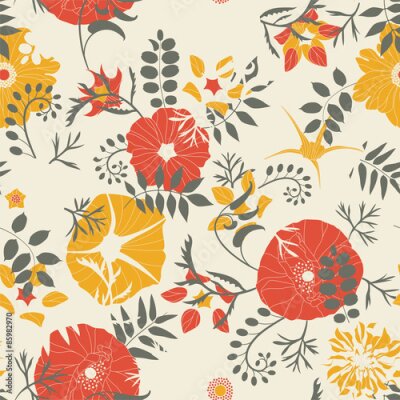 Behang Een plantenpatroon met klaprozen en hibiscussen