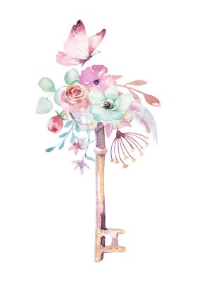 Een sleutel versierd met bloemen en een vlinder