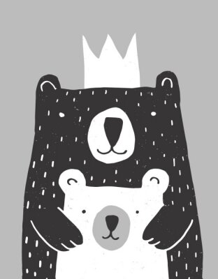 Een witte beer en een zwarte beer met een kroon in een omhelzing