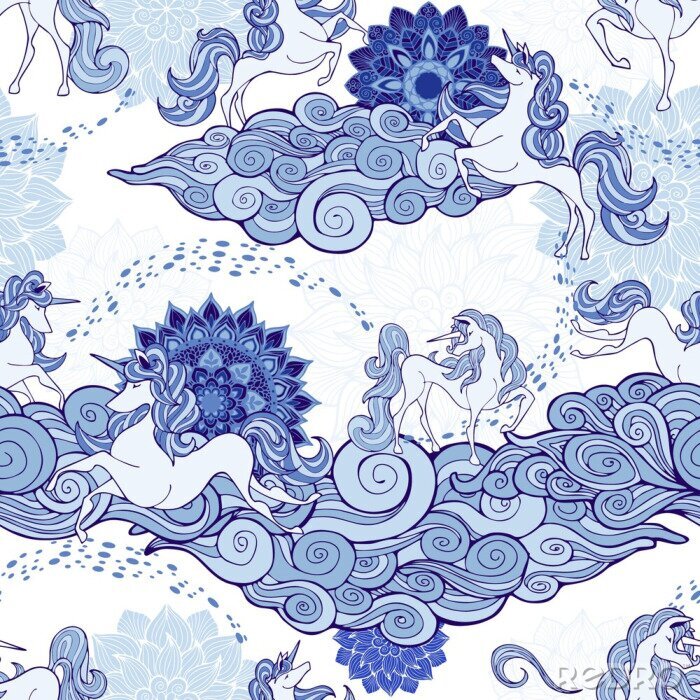 Behang Eenhoorn en wolk en mandala ontwerp voor fantasie Porselein blauwe en witte Toon met witte achtergrond naadloze patroon patroon vector