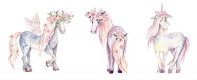 Eenhoorn paard en pegasus versierd met bloemen