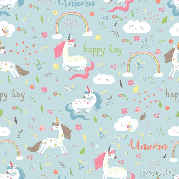 Behang Eenhoorns bloemen regenbogen