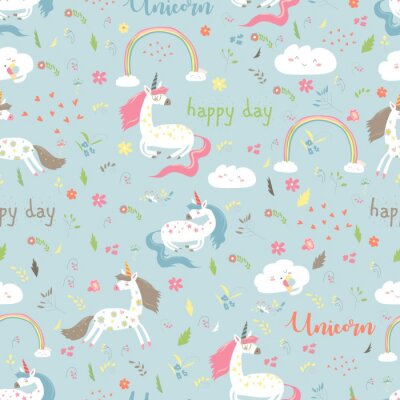 Behang Eenhoorns bloemen regenbogen