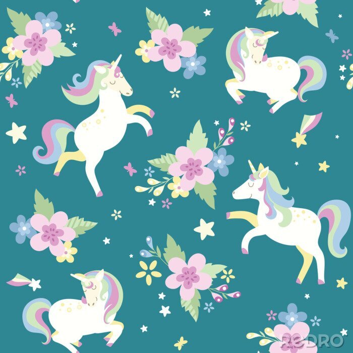 Behang Eenhoorns en bloemstukken