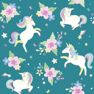 Behang Eenhoorns en bloemstukken