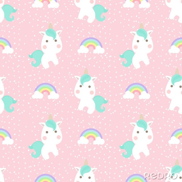 Behang Eenhoorns en regenbogen op een roze achtergrond