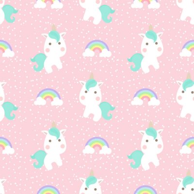 Behang Eenhoorns en regenbogen op een roze achtergrond